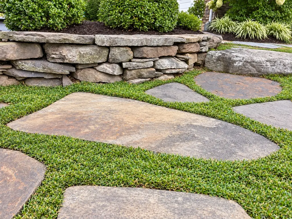 Natural stone garden walkway with a dry-stacked stone retaining wall and manicured landscaping