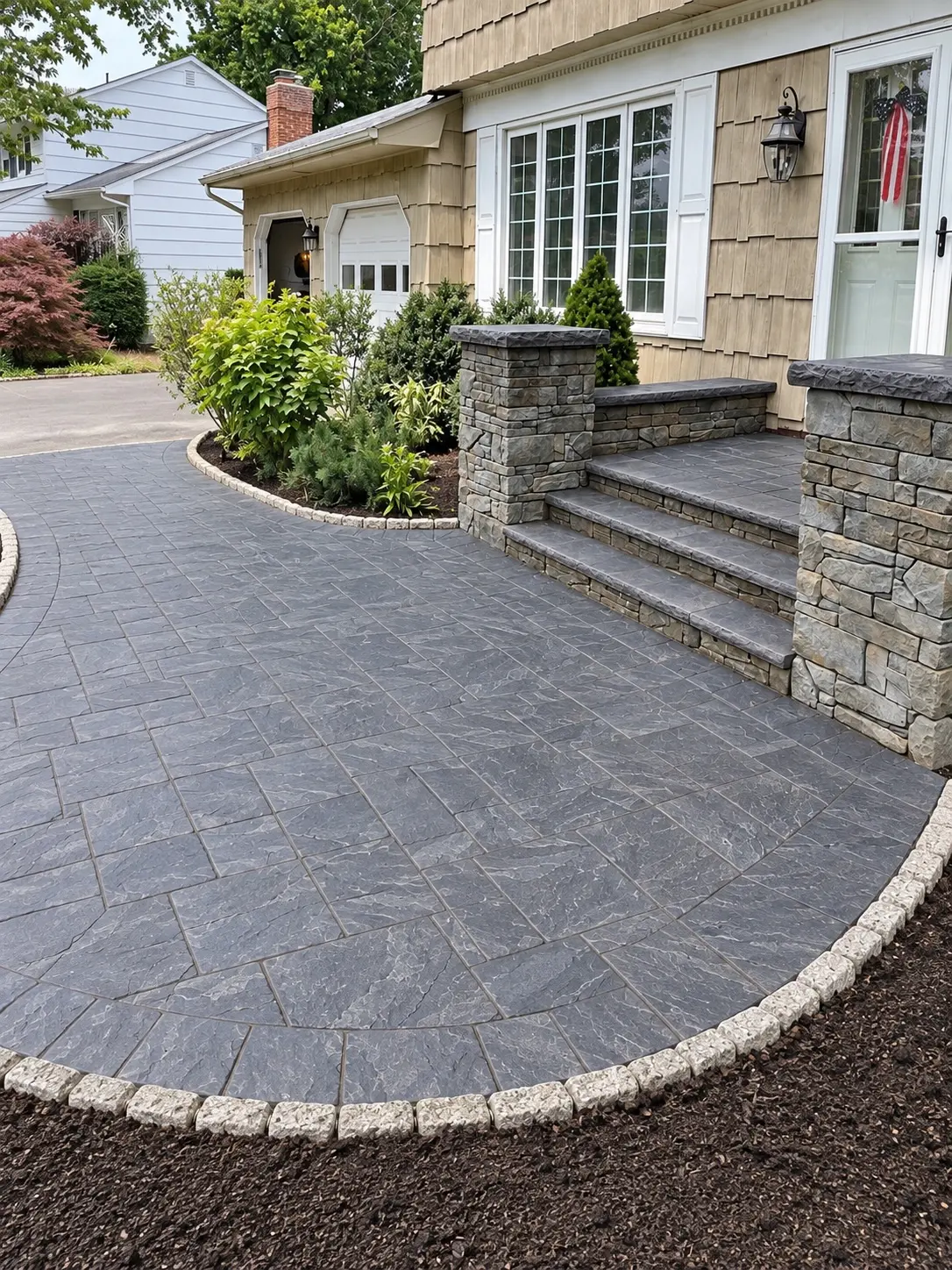 Curved gray paver walkway leading to stone entrance steps with landscaped planting beds