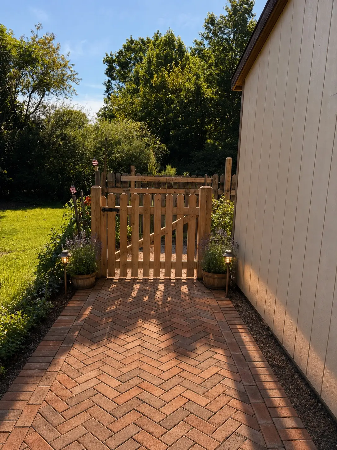 Herringbone brick garden walkway leading to a custom wooden gate
