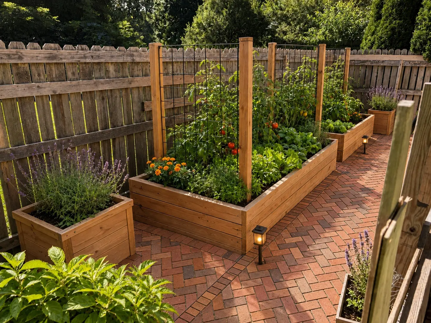Custom cedar raised garden beds with trellises, plantings, lighting, and brick pavers