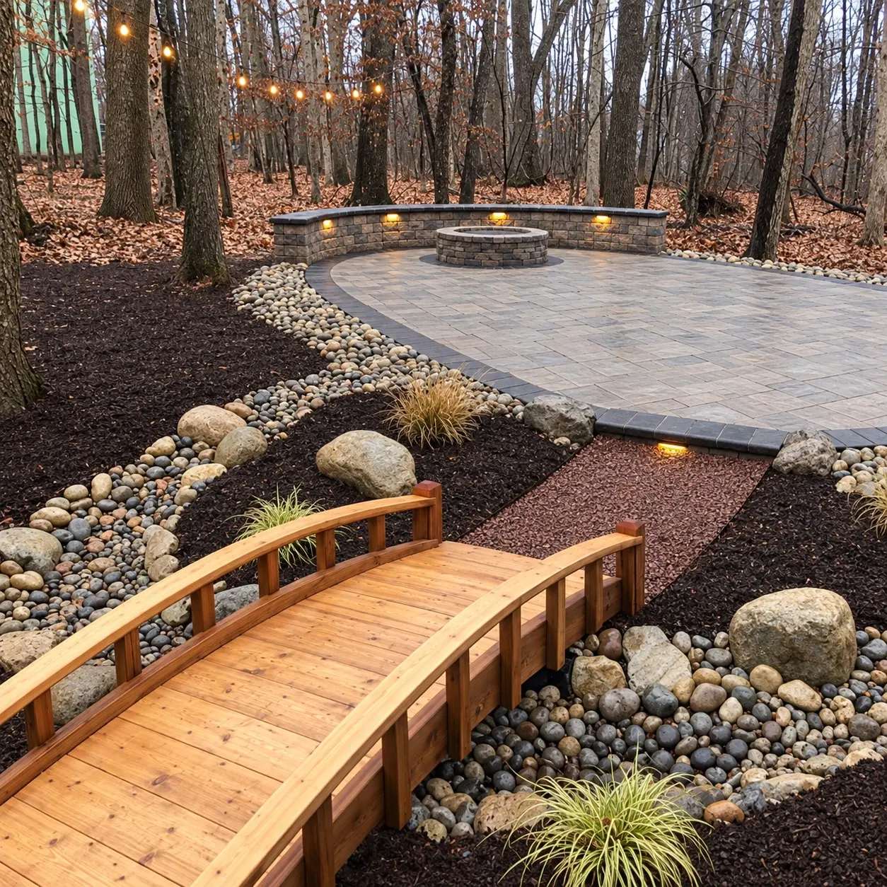 Wood garden bridge crossing a river-stone landscape toward a circular paver fire-pit patio