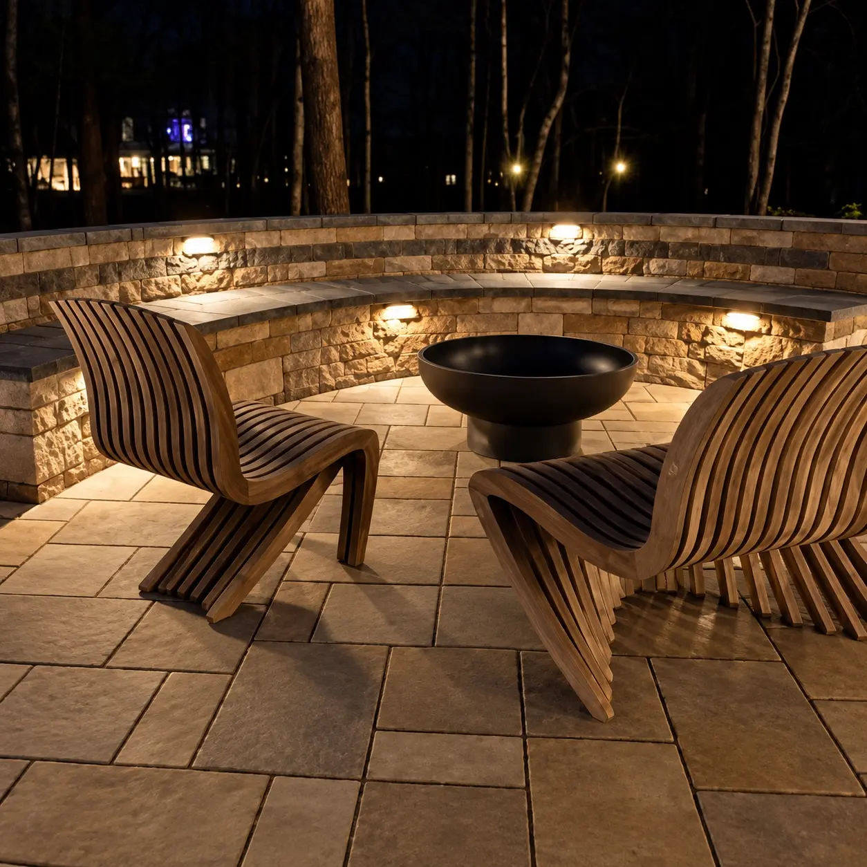 Illuminated curved stone seating wall and fire bowl on a paver patio at night