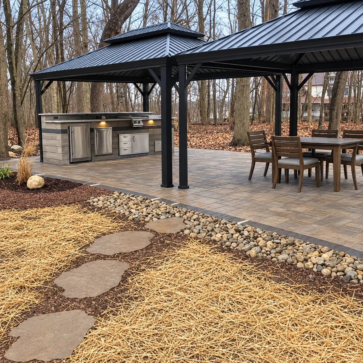Covered pavilion with an outdoor kitchen, dining area, paver patio, and landscaped river-stone border
