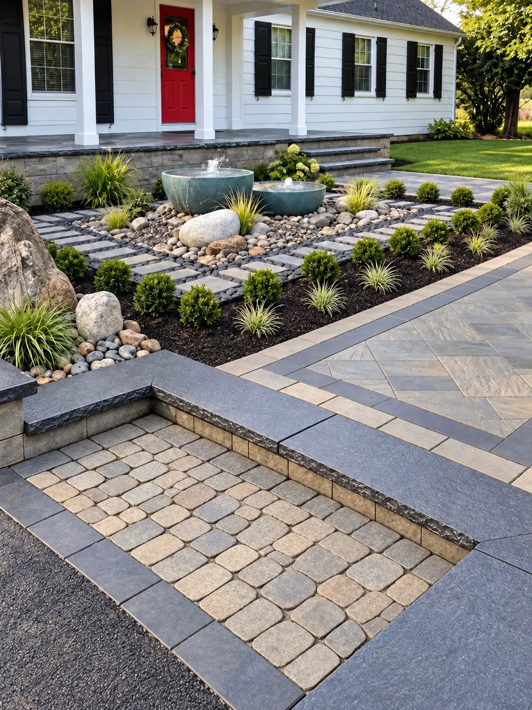 Detailed paver patterns, dark stone coping, and planted water feature