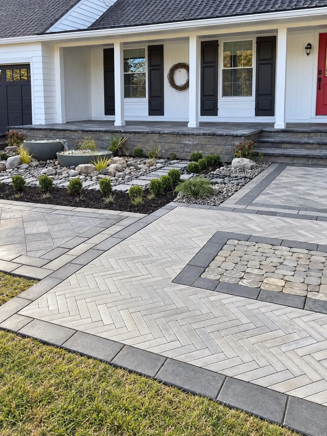 Completed front entry with patterned pavers, stone water feature, and plantings