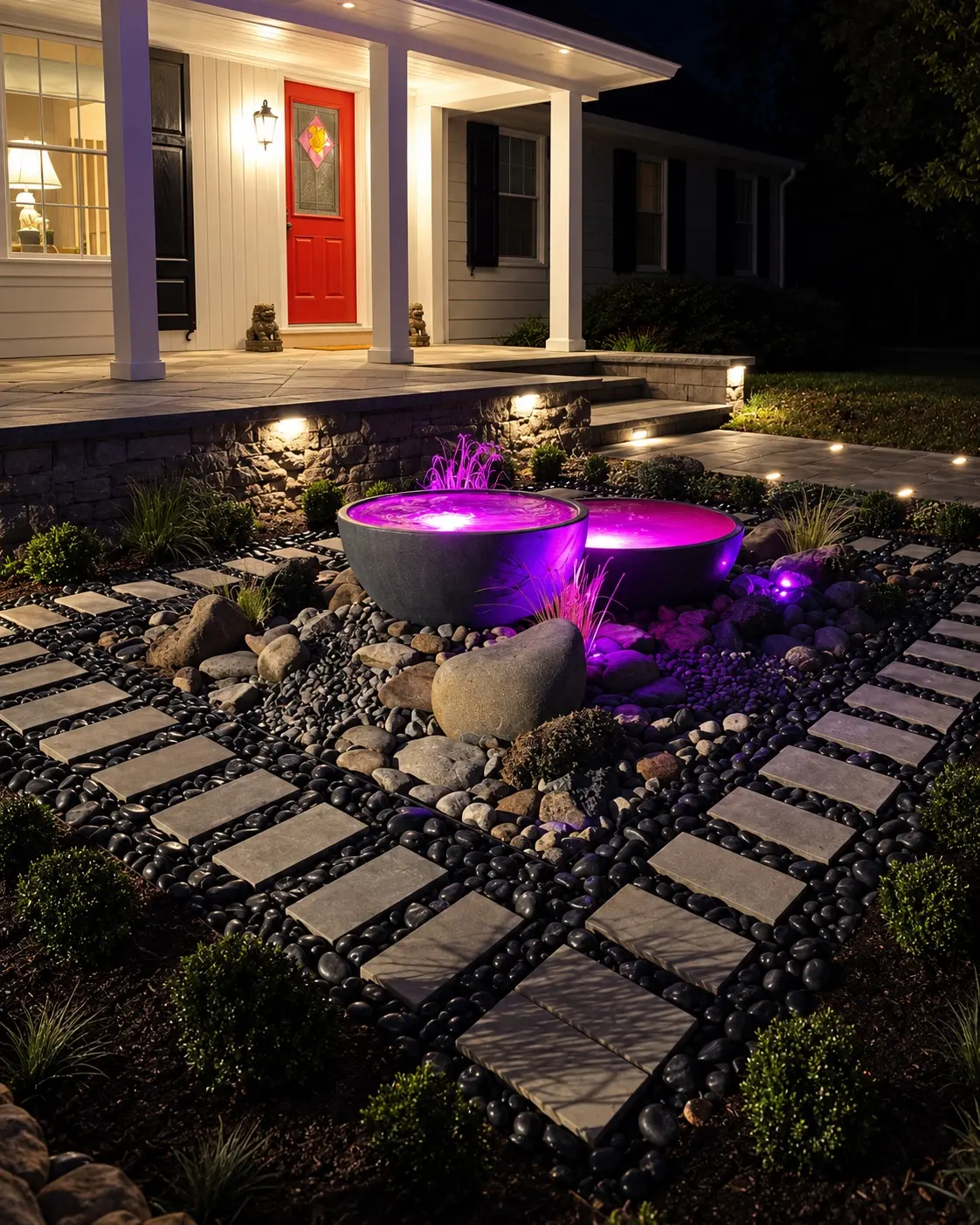 Illuminated front-entry landscape with purple water features, pavers, and masonry at night