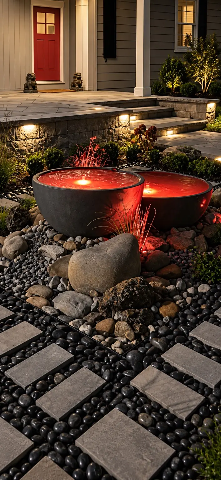 Red illuminated water feature and stone garden detail at night