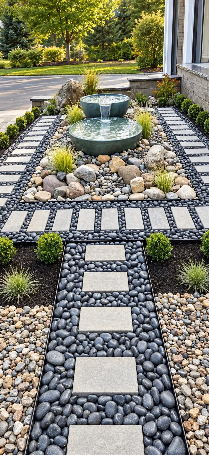 Cascading bowl water feature surrounded by stepping stones and river rock